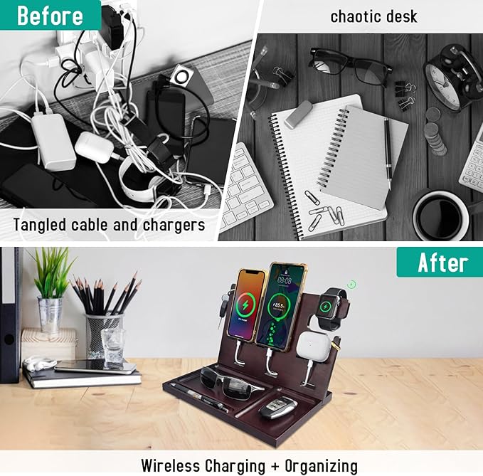 USB Charging Station for Multiple Devices Wood Phone Docking Station with QC3.0 & PD 22.5W Type c Charger Fast Charging for iPhone Samsung Google Andriod Smart Watch Earbuds Gifts for Men