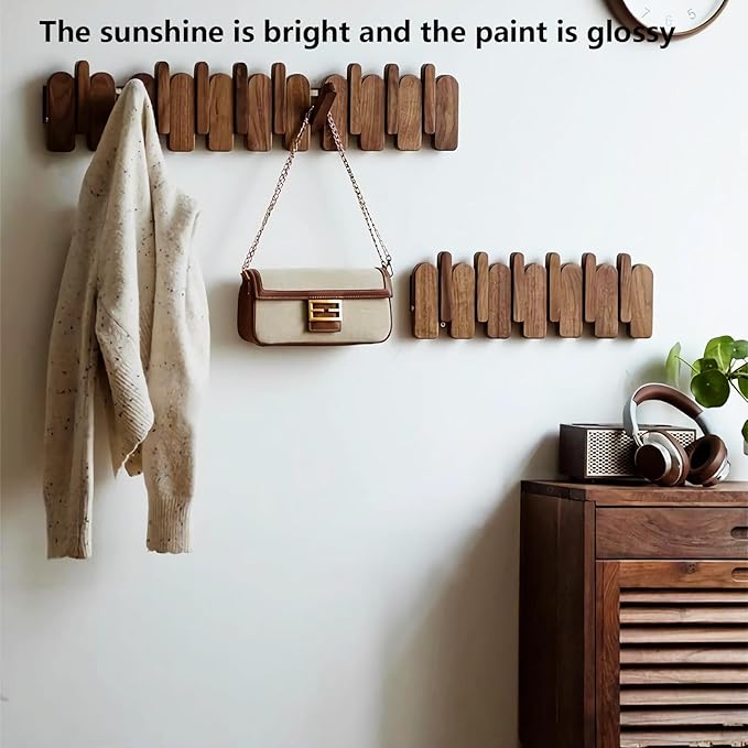 Wall Mounted Piano Key Hanger | Flip Style Hook | Entrance Wall Art Hook, Made of Oak Wood (3 Times Painted, 4 Times Polished) (Arc Walnut, 10Hooks)
