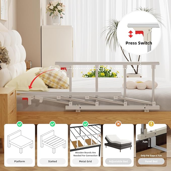 Bed Rails for Elderly Adults Safety, Folding Bedside Assist Rail Handle, Collapsible Bed Fence Preventing Falling for King, Queen, Full, Twin