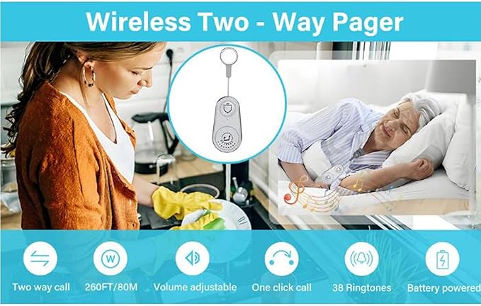PUSOKEI Caregiver Pager Wireless Call with Two - Way Voice & 40-Day Battery, 105dB Loud Alert for Elderly Care and Home Use, 3 - Floor Range