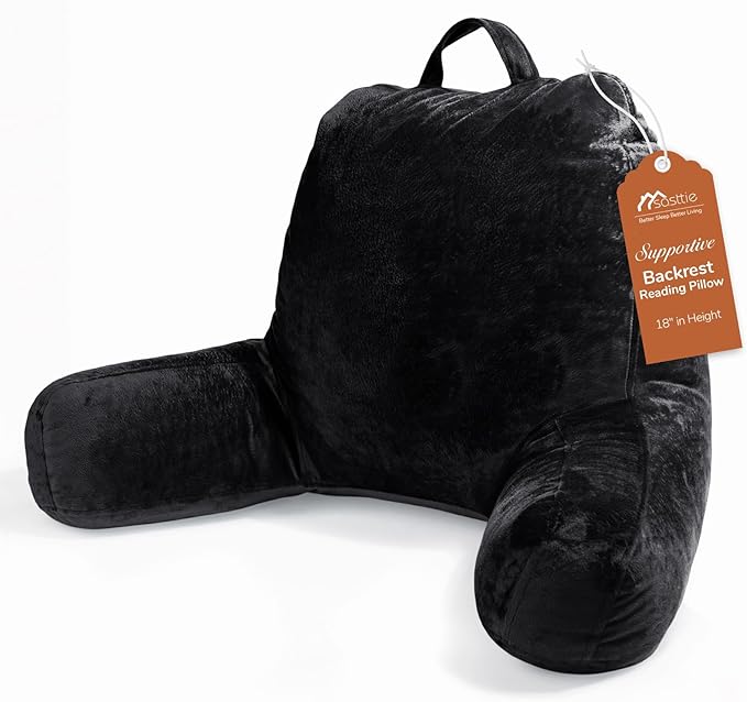 Sasttie Reading Pillow, Velvet Back Pillow for Bed Sitting Up, Adult Back-Rest Support Cushion with Arms for Sit Up on Couch, Sofa, and Floor, Dorm Essentials, Reading Accessories, Black