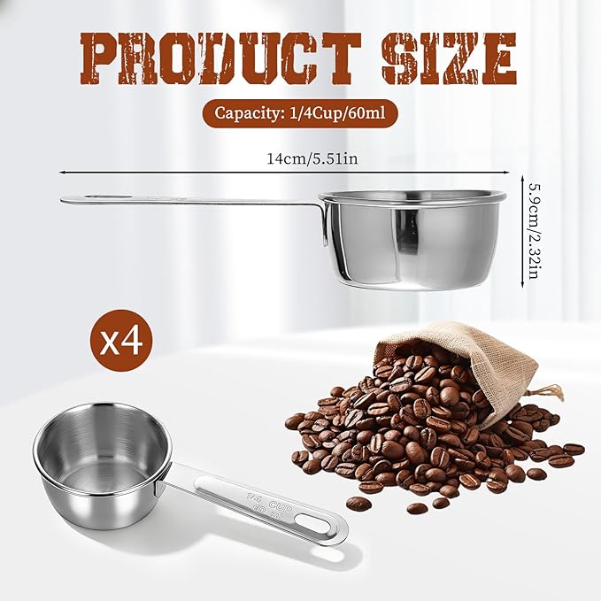 4 Pcs 1/4 Cup Measuring Cups, 1/4 Cup Scoop, 60ml 2oz Stainless Steel Measuring Cups Kitchen Gadgets Metal Measure Scoop for Cooking & Baking, Dishwasher Safe