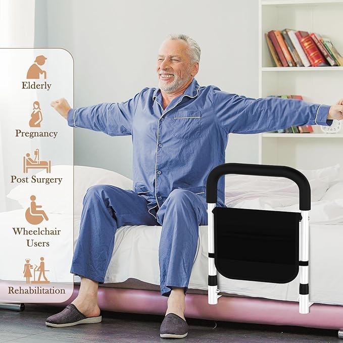 Bed Rails for Elderly Adults Safety – Bed Cane for Seniors, Grab Bar Bed Handrails with Ergonomic Handle & Storage Pocket, 17-Inch Fixed Height, Easy to Assemble, Holds up to 300lbs