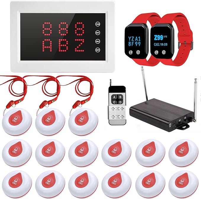 Caregiver Pager System Nurse Calling System 1200+ft Wireless Calling System with 1 Display Receiver/2 Watch Pagers/1 Signal Amplifier/15 Call Buttons for Clinic/Hospital/Nurses Station/Home