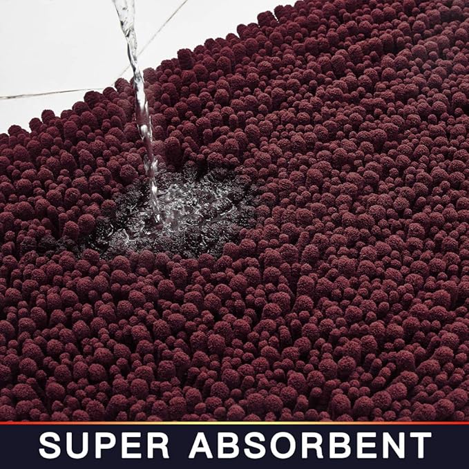 Walensee Bathroom Rug Non Slip Bath Mat (32x20 Inch Burgundy) Water Absorbent Super Soft Shaggy Chenille Machine Washable Dry Extra Thick Perfect Absorbant Best Large Plush Carpet for Shower Floor