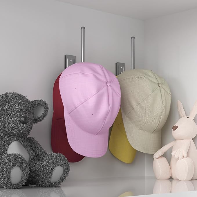 2 Pack Hat Racks for Baseball Caps, Stainless Steel Hat Organizer for Baseball Cap, Hat Holder Storage Organizer, Hat Hanger Strong Adhesive/Wall Drilled for Door, Bedroom, Closet(Light Grey 6 in)