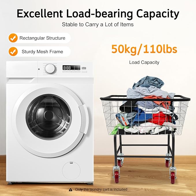 Heavy Duty Wire Laundry Cart with wheels, bushel steel wire laundry Hamper cart, Rolling Commercial Laundry Basket, Steel Frame with Chrome Finish, 26.77x21.5x26 inches