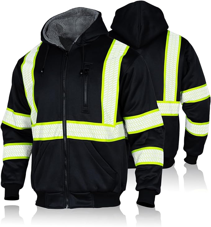 FONIRRA Men's High Visibility Safety ANSI Class 3 Lined Fleece Hoodie Sweatshirt with Black Bottom Jumper Workwear for Men(Black,XL)