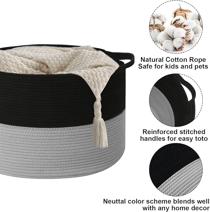 Large Storage Basket with Handle,23.6" x 23.6" x 15.7" Blanket Basket Storage Bins for Organizing,65L Cotton Rope Woven Baskets for Living Room, Nursery ,Bedroom,Black&Light Grey