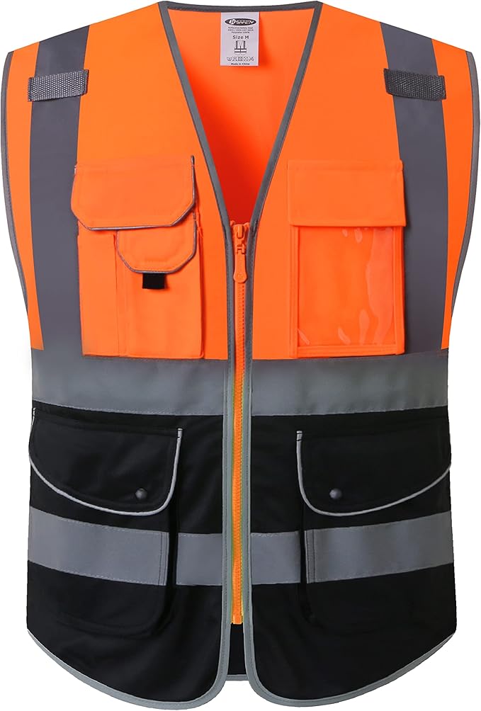 JKSafety 9 Pockets Class 2 High Visible Reflective Safety Vest Zipper Front Breathable Lining Orange-Black Meets ANSI/ISEA Standards(150-Orange-Black,XXL