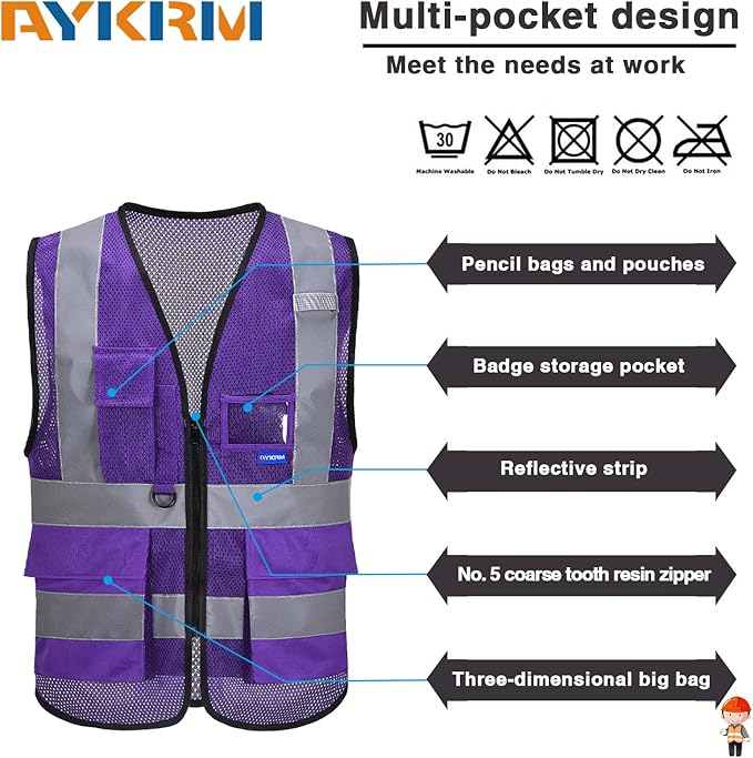 A-SAFETY 6XL 7XL 8XL Purple High Visibility Mesh Safety Reflective Vest with Pockets and Zipper(Purple Mesh 6XL-8XL)