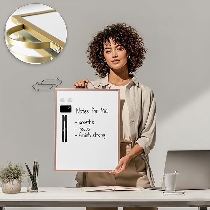 Small Whiteboard 12 x 16 Inch Magnetic Dry Erase Board with Handle | Rose Gold Aluminum Frame | Double-Sided Portable Board for Home, Office, Reception, Events | 2 Markers, Eraser & 2 Magnets
