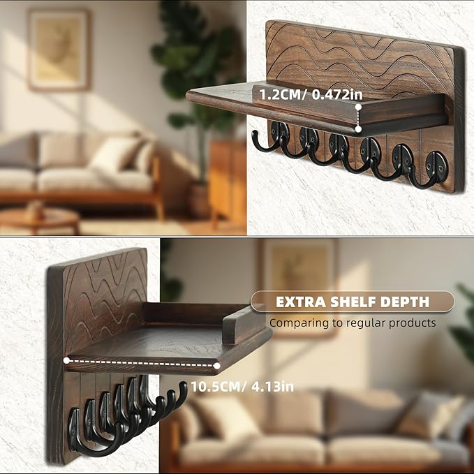 Key Holder Wall Decor-11.8" Solid Ash Wood Entryway Organizer with 6 Hooks & Extra Deep Storage Rack for Key, Mail, Wallet, Leash, Glasses, Hand-Polished & Stained, Easy-Assembly