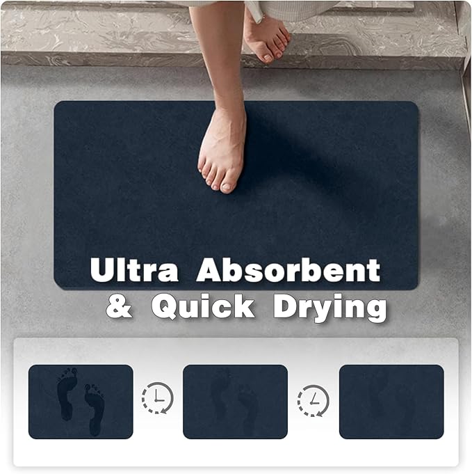Bathroom Mat Quick Dry, Bathroom Rugs Non Slip Washable Thin Absorbent Bath Mat Fits Under Door Bathroom Floor Mat Perfect for Bath, Shower, or Sink 17"x59" Navy Blue