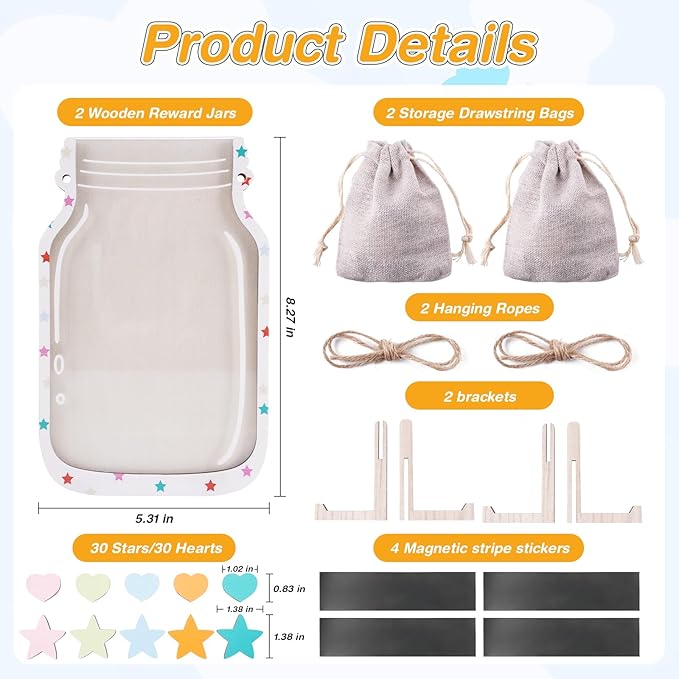2 Pack Magnetic Reward Jar for Kids Star and Heart Incentive Jars for Classroom Toddlers Potty Training Reward Home Training for Boys Girls,Star and Heart