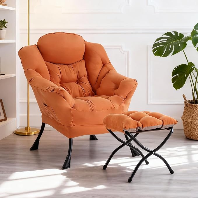 Lazy Chair with Ottoman, Modern Chair with Folding Footrest, Lounge Accent Chair, Comfortable Reading Chair, Oversized Armchairs for Bedroom, Study, Living Room, Courtyard, Orange