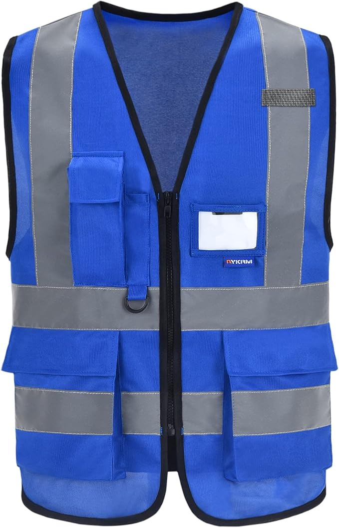 A-SAFETY Blue Safety Vest Reflective Work Vest,Hi Vis Bright Neon Color with 4 Reflective Strips 7 Pockets,XXL