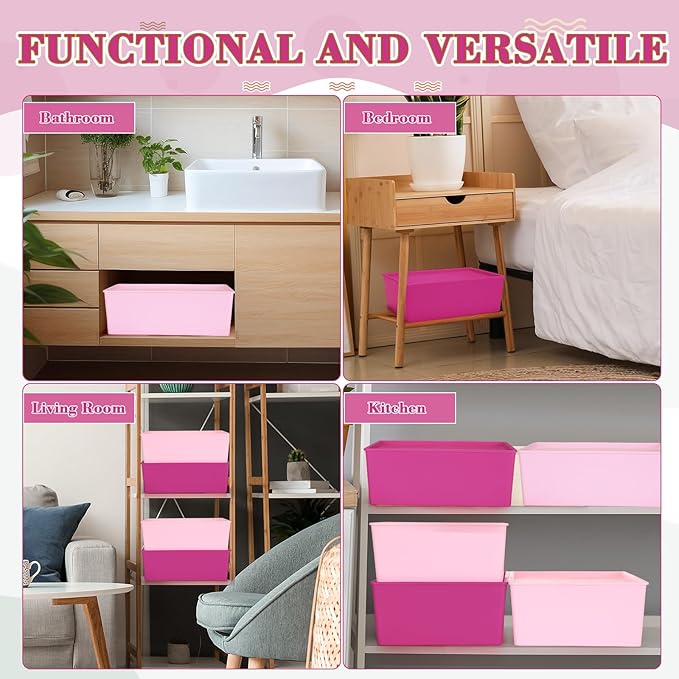Menkxi 6 Pcs Large Plastic Storage Bins with Lids 14.4 x 10.4 x 5.1 Inch Stackable Storage Containers Decorative Cubby Organizer for Clothes Shelves Garage Closet Office (Pink Series)