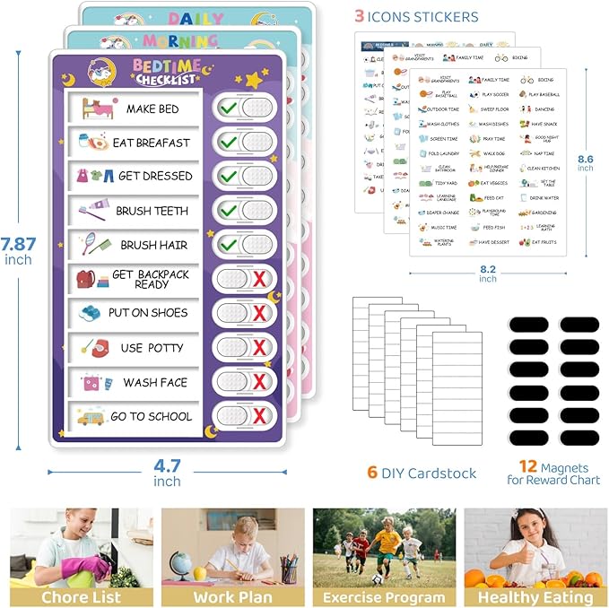 3-in-1 Bedtime/Morning/Daily Routine Chart for Kids, Magnetic Chore Chart, Visual Schedule, Funny Kids To-Do List, ADHD Tools