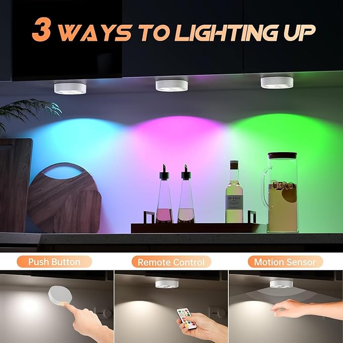 6PCS Motion Sensor Step Light, Wireless Rechargeable Puck Lights with Remote, Under Cabinet Lights with 3 Colors&RGB, Magnet Stick on Light for Closet, Hallway, Stairway, Bathroom, Bedroom, Kitchen