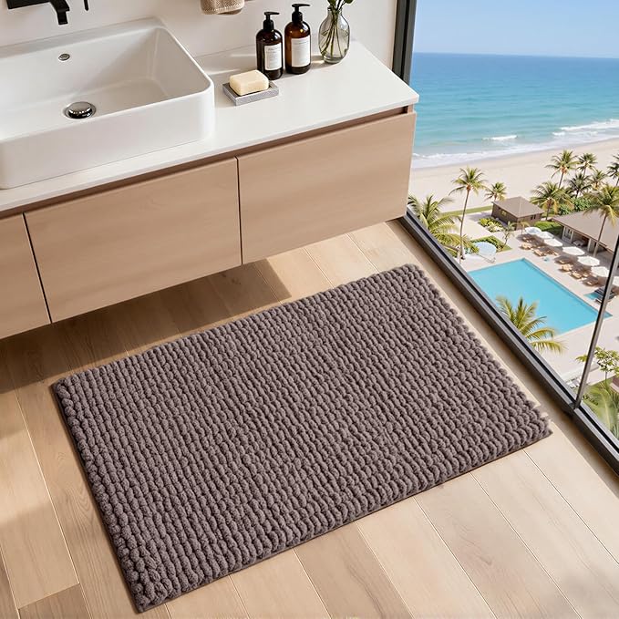 LUMI Luxury Bathroom Rug, Ultra Soft Quick Dry Bath Mat, Non-Slip Absorbent Thick Chenille Bath Rug, Cozy Braid Design Floor Mat for Bathtub, Sink, Laundry, Bedroom, Brown, 24"x43"