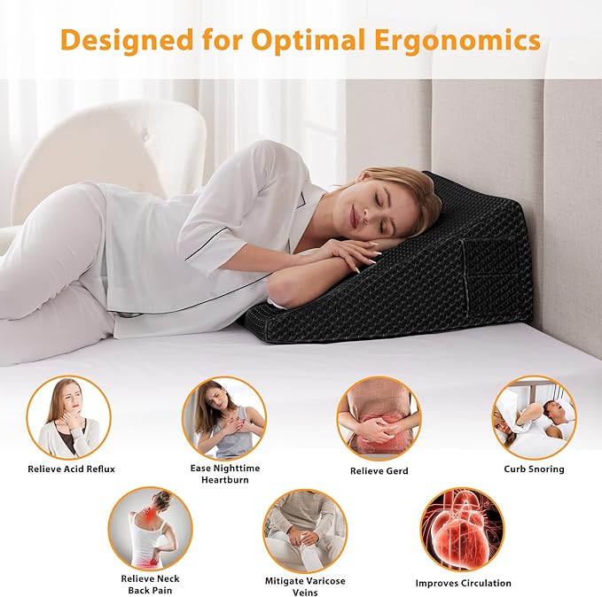 Wedge Pillow for Acid Reflux, Bed Wedge Pillow for Headboard 10", Pillow Wedge for Back Pain Relief, Post Surgery, Elevated Pillows for Sleeping, Snoring, Triangle Pillow with Cover, Black