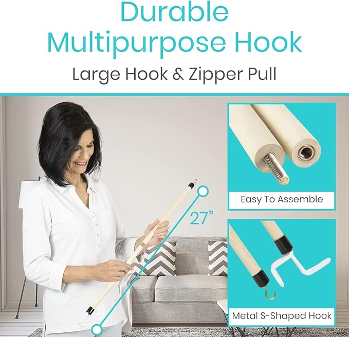 Vive Dressing Stick for Elderly (27”) - with Zipper Puller & Sock Remover Tool - Aid for Pants - Accessories for Daily Living, Assistant Device No Bending for Seniors - After Shoulder Surgery Helper