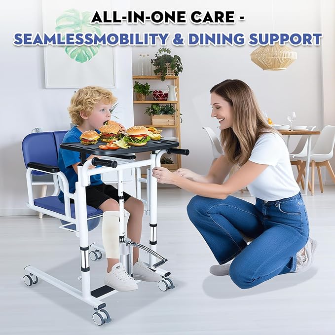 Drexo Patient Lift Transfer Chair, 5 in 1 Patient Lift Chair with 180°Split Seat, Height Adjustable Patient Transfer Chair with 4 Casters for Home Seniors Elderly, Load 450Lbs (Non-Fold, Blue)