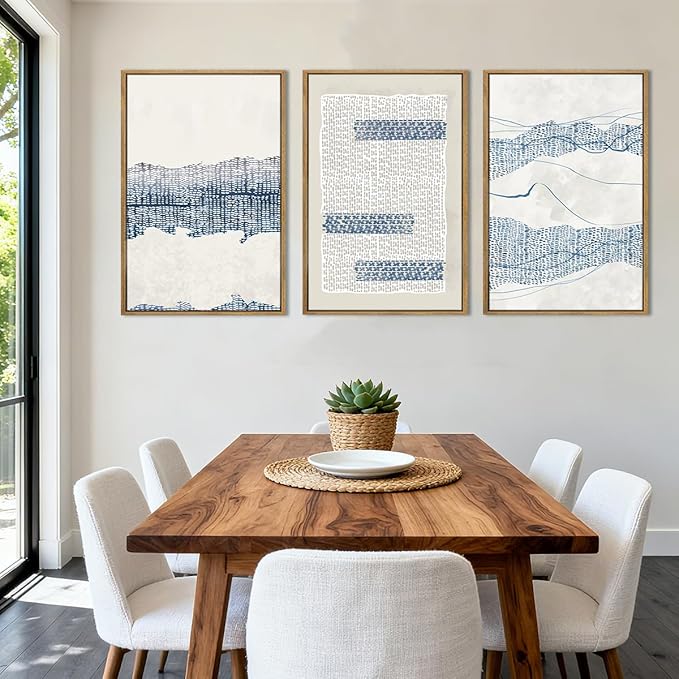 IARTTOP Large Blue Abstract Framed Canvas Wall Art 16x24 Inch Neutral Modern Art Prints Minimalist boho Artworks for Living Room Bedroom Office Set of 3