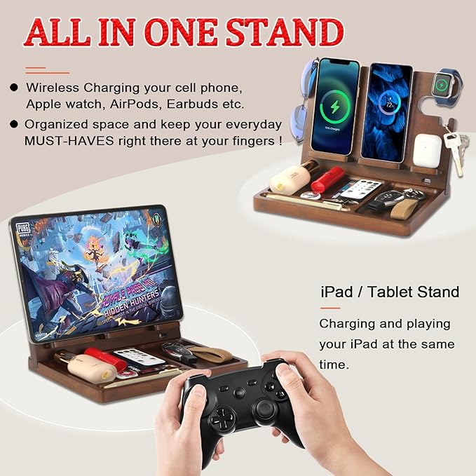 Wood Phone Docking Station Dual Phone Wireless Charging Station Organizer with 4 Wireless Charger Stand for iPhone Samsung iWatch AirPod Mens Nightstand Organizer Anniversary Birthday Gifts for Men
