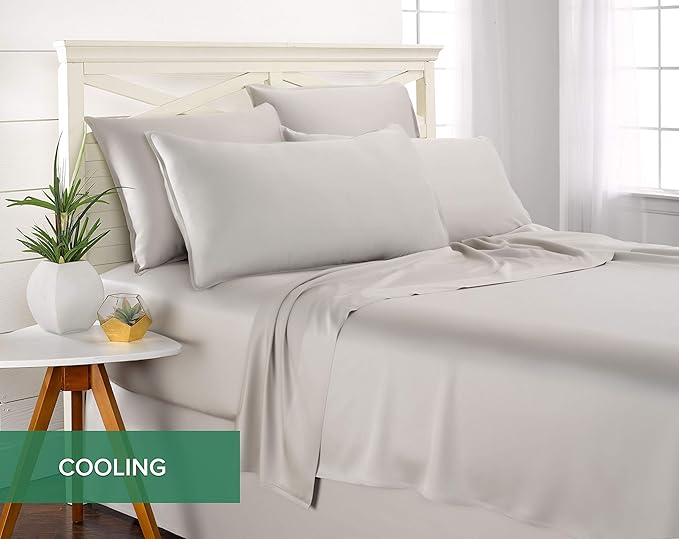 Pure Bamboo Split King Sheets, Genuine 100% Organic Viscose Derived from Bamboo Bed Sheet Set, Soft & Cooling, Double Stitching, 2 Fitted Sheets (Split King, Silver Pearl)