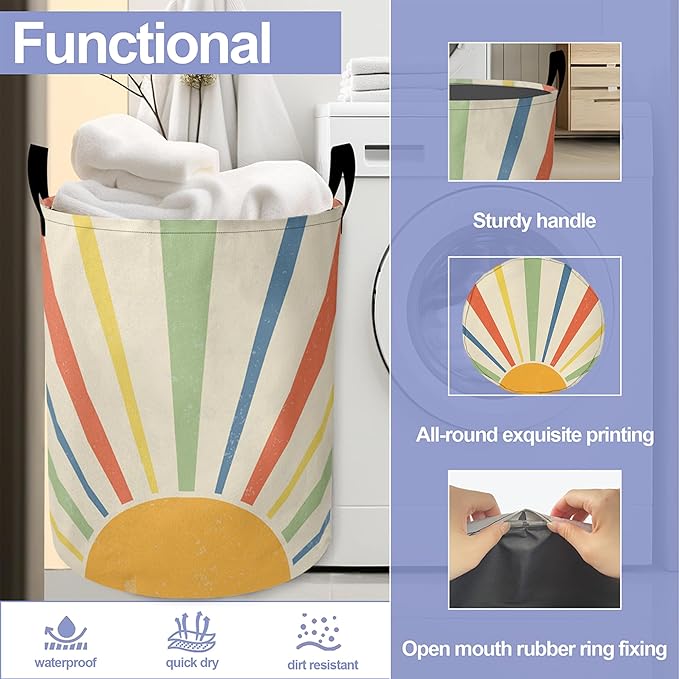 Boho Colored Sun Laundry Basket-Large Foldable Hamper Holder Portable Tall Collapsible Laundry Hamper Storage Basket Bin with Handles, Canvas & Waterproof lining for Household Items