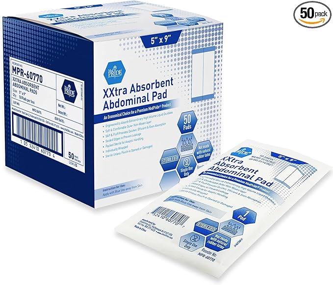 MED PRIDE Sterile XXtra Absorbent Abdominal Pads [50-Pack] - 5”x9” ABD Combine Individually Wrapped- Ultra-Absorbent Latex-Free & Non-Adherent Surgical for Drainage, Wound Dressing