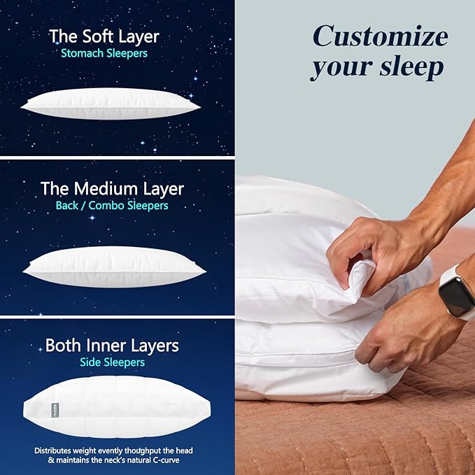 Nuzzle Cooling Adjustable Pillow for Side Sleepers, Luxury Standard Size Set of 2 Bed Pillow Hotel Collection - Best Adjust Height Soft Firm Pillow for Back, Stomach or Side Sleepers - Home Gifts