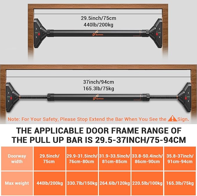 Sportneer Pull Up Bar: Strength Training Chin up Bar No Screws - Adjustable 29.5''-37''(75-94cm) Width Locking Mechanism Pull up Bar for Doorway - Max Load 440lbs for Home Gym Upper Body Workout, Non-slip