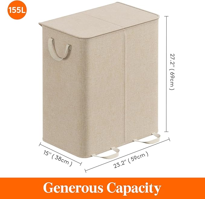 Lifewit Double Laundry Hamper with Lid and Removable Laundry Bags, Large Collapsible 2 Dividers Dirty Clothes Basket with Handles for Bedroom, Laundry Room, Closet, Bathroom, College, 155L Beige