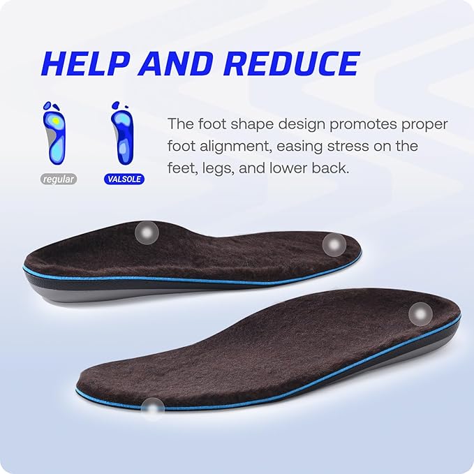 VALSOLE 250+lbs Winter Thermal Wool Insoles for Men Women,Plantar Fasciitis Orthotics Insert,for Flat Feet,High Arch,Foot Pain,Standing All Day Boot Work Shoe Warm Insoles(318mm)