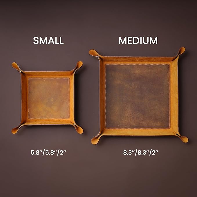 Handmade Leather Catch All Tray and Organizer for Keys, Phones, Jewels, Coins, Square - Medium, Light Camel