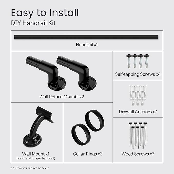 Meranti Aluminum Handrail for Stairs - ADA Compliant Wall Returns - Handrails for Indoor Stairs - Metal Handrail, Powder Coated for Outdoor Environment, DIY Handrail Kit (WHR, Black, 7' Length)