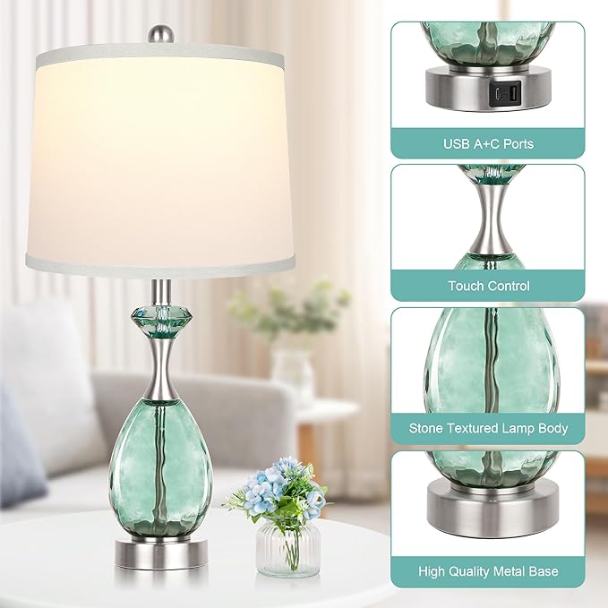 Hamucd Coastal Glass Table Lamps Set of 2, 3-Way Dimmable Touch Control Nautical Lamp with USB A+C Ports,Bedside Lamps Beach Decor, Modern Nightstand Lamps with 2 LED Bulbs for Bedroom Living Room