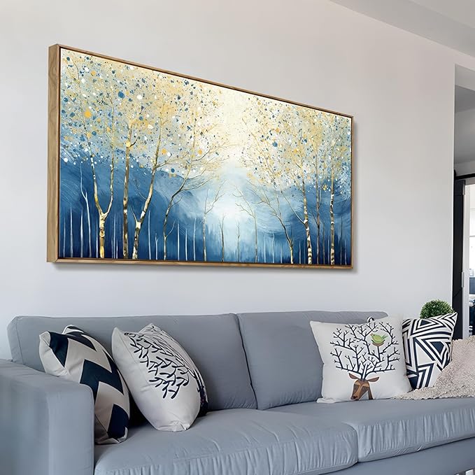 amatop Framed Modern Abstract Nature Wall Art: Large Navy Blue Tree of Life Art Print, Ready-to-Hang for Living Room, Bedroom or Office (48x24 in)