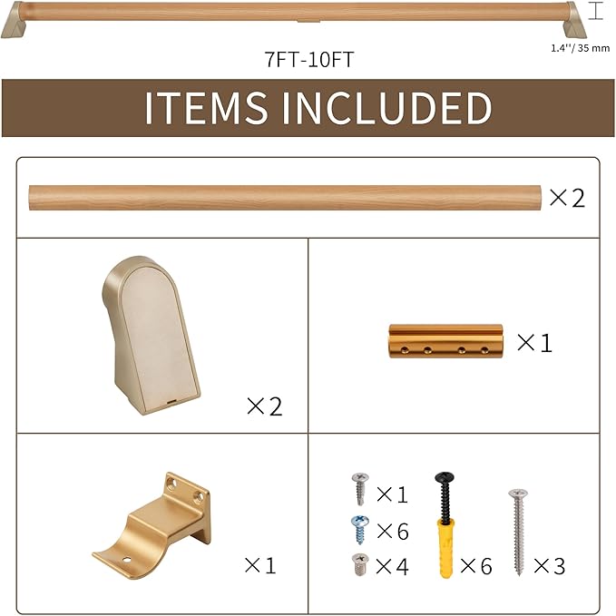 8 FT Modern Aluminum Handrail Set - ADA Compliant Indoor & Outdoor Stair Railing. 1.4" Diameter Grab Bar. Wall-Mounted with 90°Wall Return End. Ideal for Safe Grip，Rust Free(Cherry Wood Grain, 8 FT)