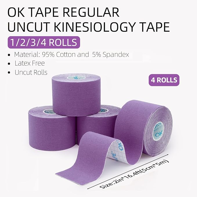 OK TAPE Regular Kinesiology Tape (4 Pack), Original Cotton Athletic Tape for Support Muscle Joint Knee, Sports Waterproof Tape Uncut Strips Latex Free, Hypoallergenic, 2in×16.4ft - Black