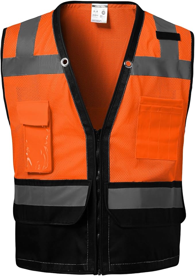 Reflective Safety vest With back plan pocket,High visibility Class 2 Heavy Duty Surveyor Vest with Zipper,Hi Vis Construction Work Vest for Men＆Women ANSI/ISEA(Orange-Bottom,4XL)
