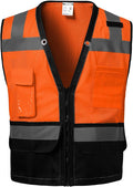Reflective Safety vest With back plan pocket,High visibility Class 2 Heavy Duty Surveyor Vest with Zipper,Hi Vis Construction Work Vest for Men＆Women ANSI/ISEA(Orange-Bottom,XL)