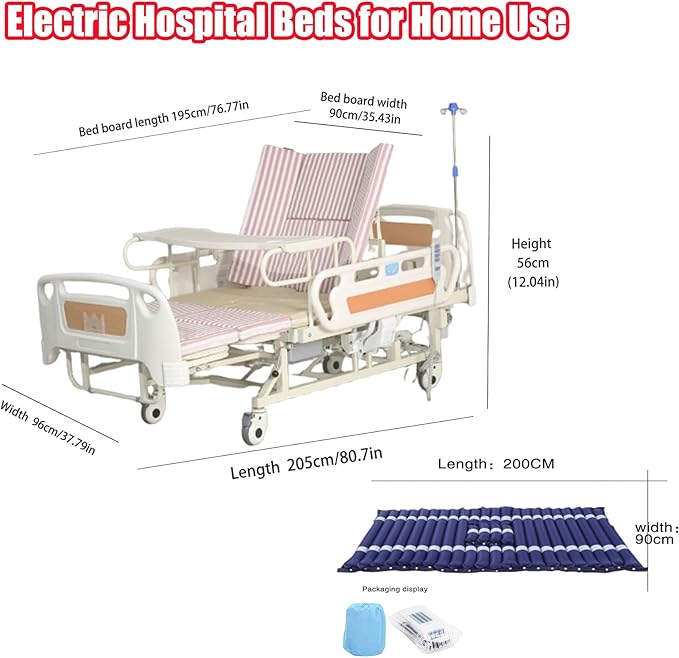 10 Function Electric Medical Beds with Lateral Tilting, Full Electric Hospital Beds for Home use with Air Cushion, IV Pole, Quiet Wheels, Up to 530 LBS