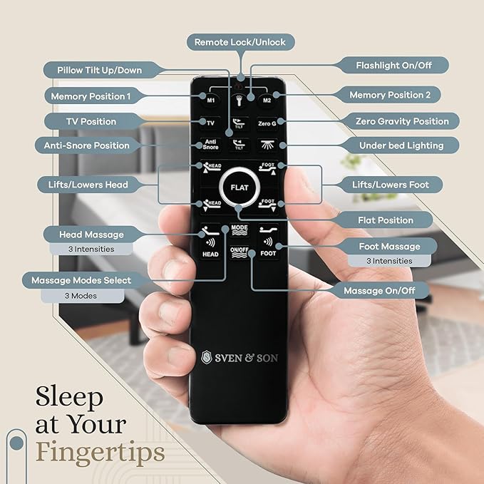 Sven & Son Harmony Adjustable Bed Base, Head and Foot Lift, Massage, Under-Bed Lights, USB, Gel Memory, Zero Gravity Smart Frame - Split King