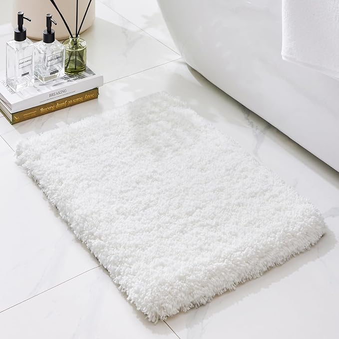 Bathroom Rugs 32x20, Ultra Thick Shaggy Soft Microfiber Absorbent Bath Rug, High Density Foam Latex Non Slip Backing, Machine Washable Bath Mats for Bathroom Floor & Sink, White
