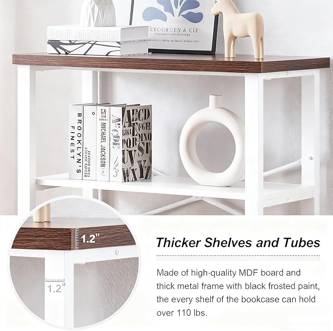 HOMBAZAAR 3 Tier Bookshelf,White Brown Industrial Book Shelf,Engineered Wood and Metal Deep Bookcases,Low Shelf Bookcase for Living Room,Office,Bedroom and Kitchen
