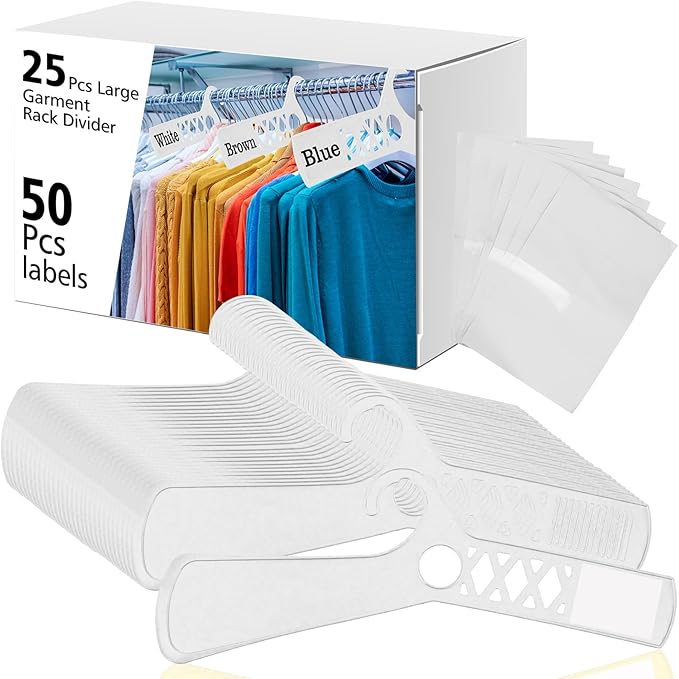 25 Pcs Large Closet Dividers and 50 Pcs White Blank Cards 18 Inch Clothing Rack Size Dividers for Hanging Clothes, White Garment Rack Tag for Clothes Organization